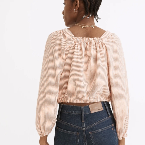 Madewell | Puff-Sleeve Crop Top Embroidered Stripe Orange White Large - Picture 2 of 15